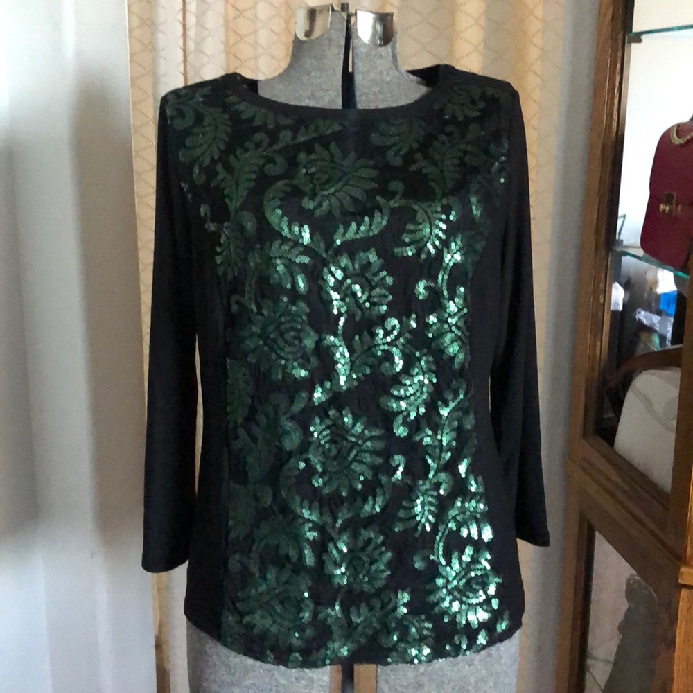 Bob Mackie Wearable Art Black & Green Sequin Top M